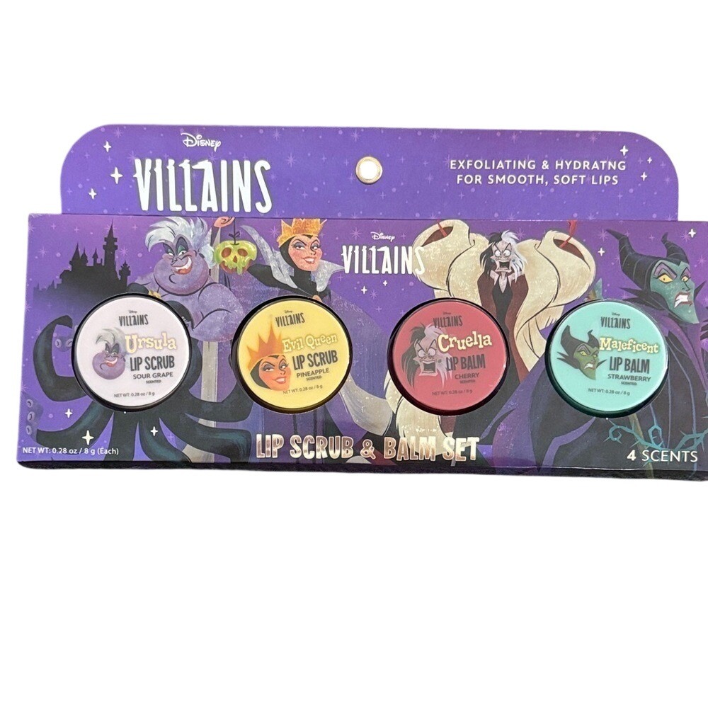 Disney Villains Lip Scrub Balm Set Ursula Evil Queen Cruella Maleficent NIB
